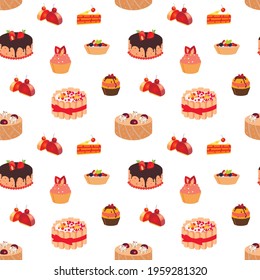 Vector pastry seamless pattern with cakes, pies, tarts, with pink strawberry topping. Vector sweet bakery products. Vector pattern  with cakes bakery top view frame. Bakery shop vector pattern.