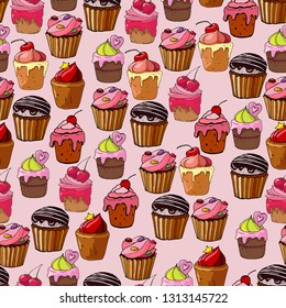 Vector pastry seamless pattern with 
 different cupcakes and muffins . Hand drawn sweet bakery products in sketchy style on the rose background. 