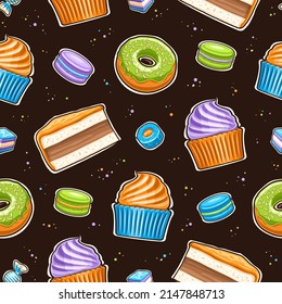 Vector Pastry Seamless Pattern, repeat background with set of cut out illustrations different pastries, custard cake slice, green frosting donut, cup cake with purple whipped cream on dark background