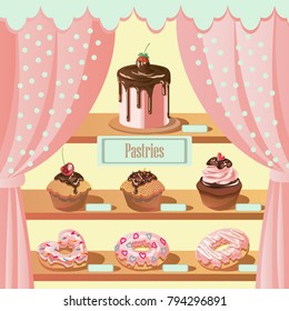 Vector Pastry shop window illustration in flat style, can be used for covers,banners,cards and any creative design