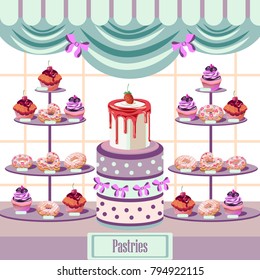 Vector Pastry shop window illustration, can be used for covers,cards,banners,prints and any creative design