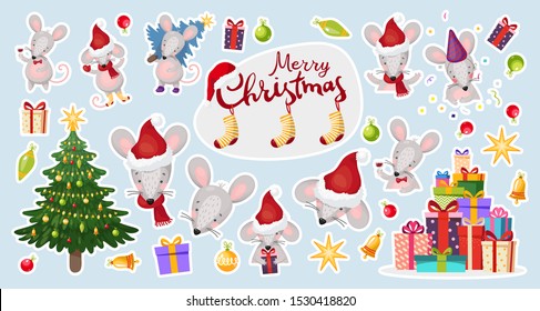 Vector patch badges with Christmas mice and New Year decorations. Stickers collection, Christmas tree, cute rats, gifts, text. Part 1. Flat vector design.