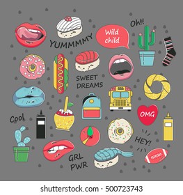 Vector patch badges in pastel colors. Lips, donuts, cacti and other elements for girls. Youth illustration print for t-shirt. Set of stickers, patches in cartoon 80s-90s comic style.