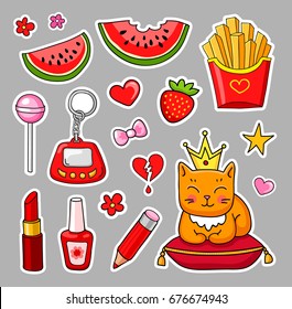 Vector patch badges. Set of cute hand-drawn colorful stickers and pins in cartoon style. 