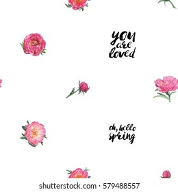 Vector patch embroidery in watercolor style. Beautiful peony and rose flowers, bulbs and inscriptions: you are loved, oh hello spring elements on white wallpaper background. Floral seamless pattern.