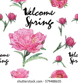 Vector patch embroidery in watercolor style. Beautiful rose and peony bouquets and quote inscription: welcome spring. Vintage elements on white wallpaper background. Seamless pattern.