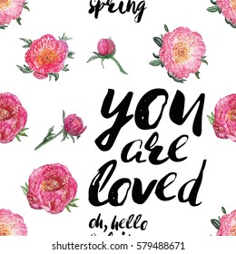 Vector patch embroidery in watercolor style. Beautiful peony and rose flowers, bulbs and inscriptions: you are loved, oh hello spring elements on white wallpaper background. Floral seamless pattern.