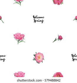 Vector patch embroidery in watercolor style. Beautiful rose and peony bouquets and quote inscription: welcome spring. Vintage elements on white wallpaper background. Seamless pattern.