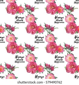 Vector patch embroidery in watercolor style. Beautiful rose and peony bouquet and quote inscription: always choose happiness. Vintage elements on white wallpaper background. Seamless pattern.