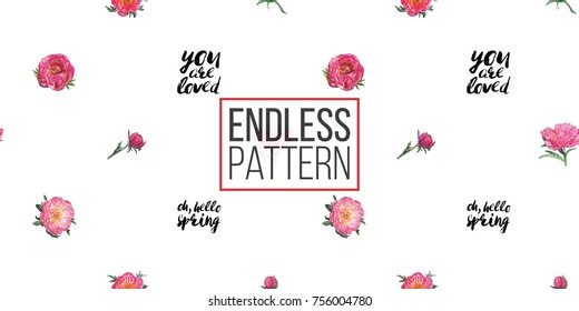 Vector patch embroidery in watercolor style. Beautiful peony and rose flowers, bulbs and inscriptions: you are loved, oh hello spring elements on white wallpaper background. Floral seamless pattern.