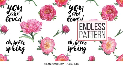 Vector patch embroidery in watercolor style. Beautiful peony and rose flowers, bulbs and inscriptions: you are loved, oh hello spring elements on white wallpaper background. Floral seamless pattern.