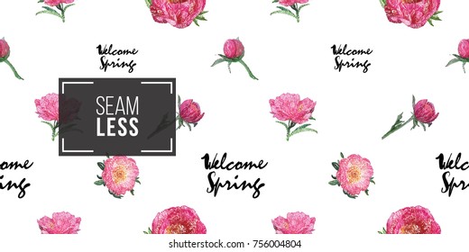 Vector patch embroidery in watercolor style. Beautiful rose and peony bouquets and quote inscription: welcome spring. Vintage elements on white wallpaper background. Seamless pattern.
