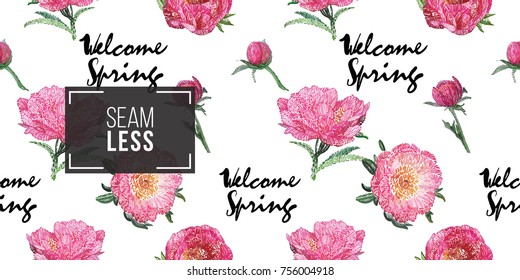 Vector patch embroidery in watercolor style. Beautiful rose and peony bouquets and quote inscription: welcome spring. Vintage elements on white wallpaper background. Seamless pattern.