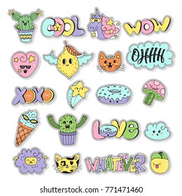 Vector patch set - 80s-90s doodle style design. Kawaii doodle characters. Isolated illustrations - great for stickers, embroidery, badges.