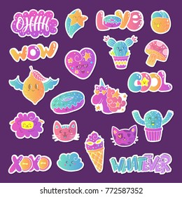 Vector patch set - 80s-90s doodle style design. Kawaii doodle characters. Isolated illustrations - great for stickers, embroidery, badges.