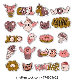 Vector patch set - 80s-90s doodle style design. Kawaii doodle characters. Isolated illustrations - great for stickers, embroidery, badges.