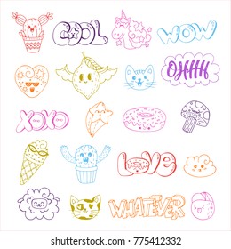 Vector patch set - 80s-90s doodle style design. Kawaii doodle characters. Isolated illustrations - great for stickers, embroidery, badges.
