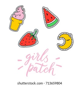 Vector patch set. Isolated illustrations - great for stickers, embroidery, badges. Design style of 80s-90s. Fruit, watermelon, moon, ice cream, strawberry patch.