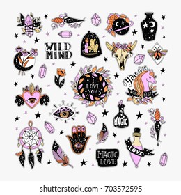 Vector patch set magic love and witchcraft. 80s-90s wild magic style design. Isolated illustrations - great for stickers, embroidery, badges.