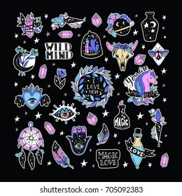 Vector patch set magic love and witchcraft. 80s-90s wild magic style design. Isolated illustrations - great for stickers, embroidery, badges.