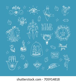 Vector patch set magic love and witchcraft. 80s-90s wild magic style design. Isolated illustrations - great for stickers, embroidery, badges.