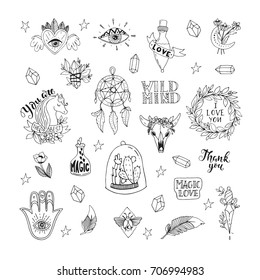 Vector patch set magic love and witchcraft. 80s-90s wild magic style design. Isolated illustrations - great for stickers, embroidery, badges.