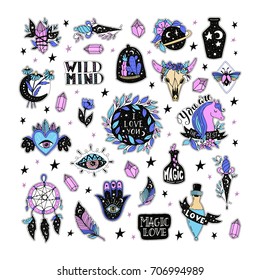 Vector patch set magic love and witchcraft. 80s-90s wild magic style design. Isolated illustrations - great for stickers, embroidery, badges.