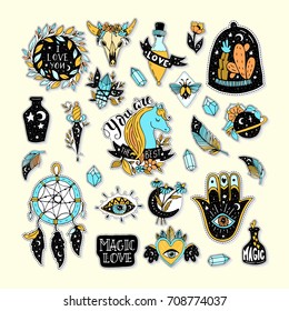 Vector patch set magic love and witchcraft. 80s-90s wild magic style design. Isolated illustrations - great for stickers, embroidery, badges.