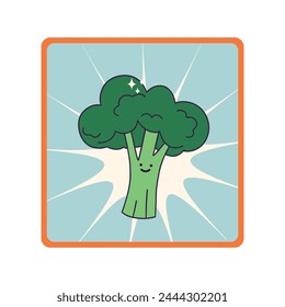 Vector patch sticker poster with cute smiling baby broccoli on blue background in square frame