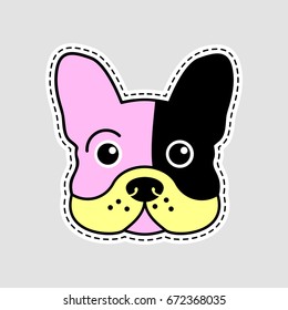 Vector patch in the style of 80th and 90th - muzzle of a French bulldog. Isolated illustration- great for sticker, embroidery, badg.