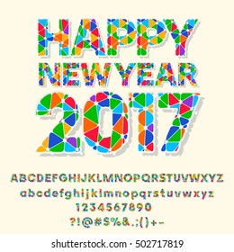 Vector patched Happy New Year 2017 greeting card with set of letters, symbols and numbers