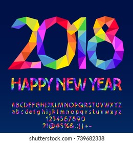 Vector patched Happy New Year 2018 greeting card. Bright Alphabet letters, Symbols and Numbers.