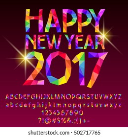 Vector patched sparkling Happy New Year 2017 greeting card with set of letters, symbols and numbers