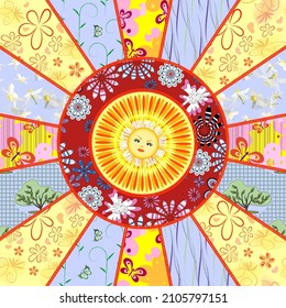 Vector patchwork background with geometric, abstract, floral seamless patterns. vintage boho style. Meeting of spring, in the center of the cartoon sun. For the design of clothes, bags, umbrellas