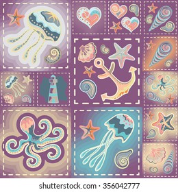 Vector patchwork nautical patterns.  Use to create quilting patches or seamless backgrounds for various craft projects.