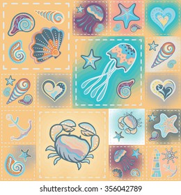 Vector patchwork nautical patterns.  Use to create quilting patches or seamless backgrounds for various craft projects.