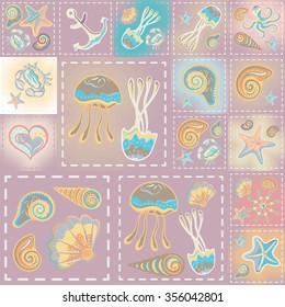 Vector patchwork nautical patterns.  Use to create quilting patches or seamless backgrounds for various craft projects.