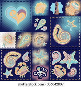 Vector patchwork nautical patterns.  Use to create quilting patches or seamless backgrounds for various craft projects.