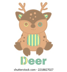 Vector patchwork pattern with a deer. Cute vector cartoon a deer.  Baby Shower, greeting, holiday and invitation card. Happy reindeer applique.  Vector baby patchwork illustration. Print, web design