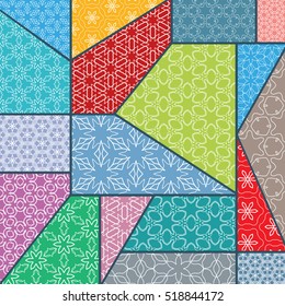 Vector patchwork pattern. Vintage decorative elements. Hand drawn background. Indian, Arabic, Turkish motifs for printing on fabric or paper. Abstract colorful doodle pattern in mosaic style