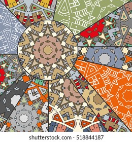 Vector patchwork pattern. Vintage decorative elements. Hand drawn background. Indian, Arabic, Turkish motifs for printing on fabric or paper. Abstract colorful doodle pattern in mosaic style