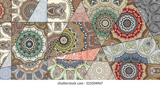 Vector patchwork pattern. Vintage decorative elements. Hand drawn background. Indian, Arabic, Turkish motifs for printing on fabric or paper. Abstract colorful doodle mandala pattern in mosaic style