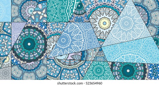 Vector patchwork pattern. Vintage decorative elements. Hand drawn background. Indian, Arabic, Turkish motifs for printing on fabric or paper. Abstract colorful doodle pattern in mosaic style