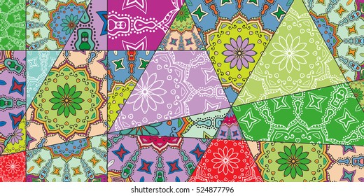 Vector patchwork pattern. Vintage decorative elements. Hand drawn background. Indian, Arabic, Turkish motifs for printing on fabric or paper. Abstract colorful doodle pattern in mosaic style