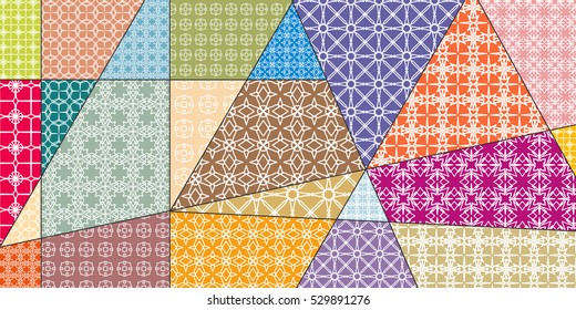 Vector patchwork pattern. Vintage decorative elements. Hand drawn background. Indian, Arabic, Turkish motifs for printing on fabric or paper. Abstract colorful doodle pattern in mosaic style