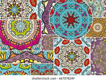 Vector patchwork pattern. Vintage decorative elements. Hand drawn background. Indian, Arabic, Turkish motifs for printing on fabric or paper. Abstract colorful doodle pattern in mosaic style