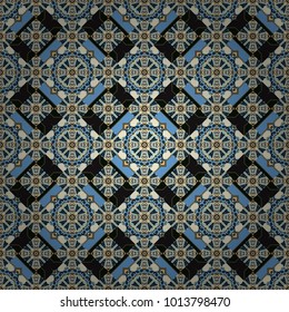 Vector patchwork quilt pattern. Abstract hand drawn art, stylized floral doodle background in blue, gray and beige colors. Textile fabric paper print. Colorful seamless pattern in mosaic style.