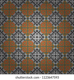 Vector patchwork quilt pattern. Abstract hand drawn art, stylized floral doodle background in orange, gray and black colors. Colorful seamless pattern in mosaic style. Textile fabric paper print.