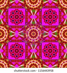 Vector patchwork quilt pattern. Abstract hand drawn art, stylized floral doodle background in black, red and blue colors. Colorful seamless pattern in mosaic style. Textile fabric paper print.