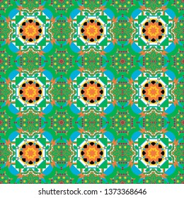 Vector patchwork quilt pattern in blue, green and orange colors. Indian, Arabic, Turkish motifs. Abstract colorful mosaic style. Hand drawn seamless pattern. Vintage decorative elements.